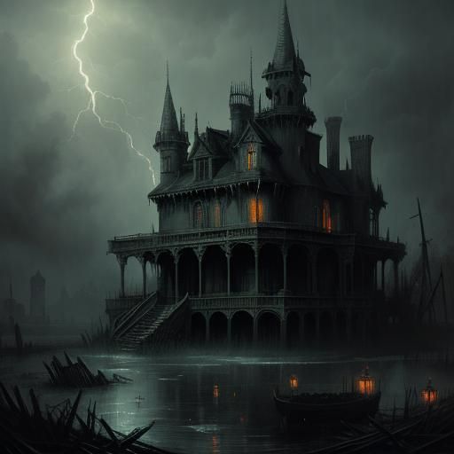 Haunted House in Bayou Storm: Doré Style Horror