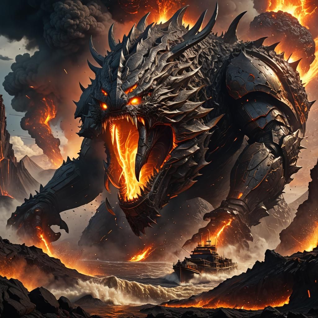 Steel Leviathan Emerges from Volcano: Fantasy Art