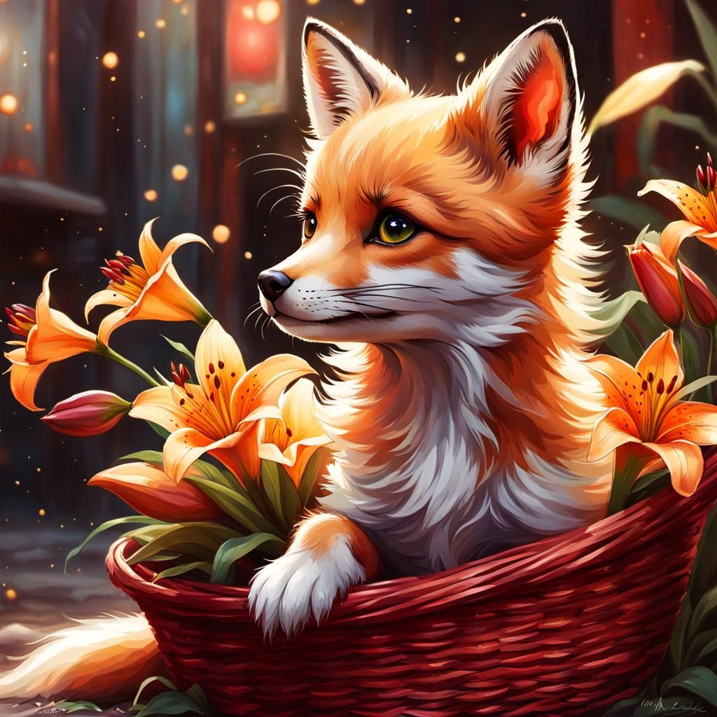 Cute Fox Pup in Lily Stargazer Basket