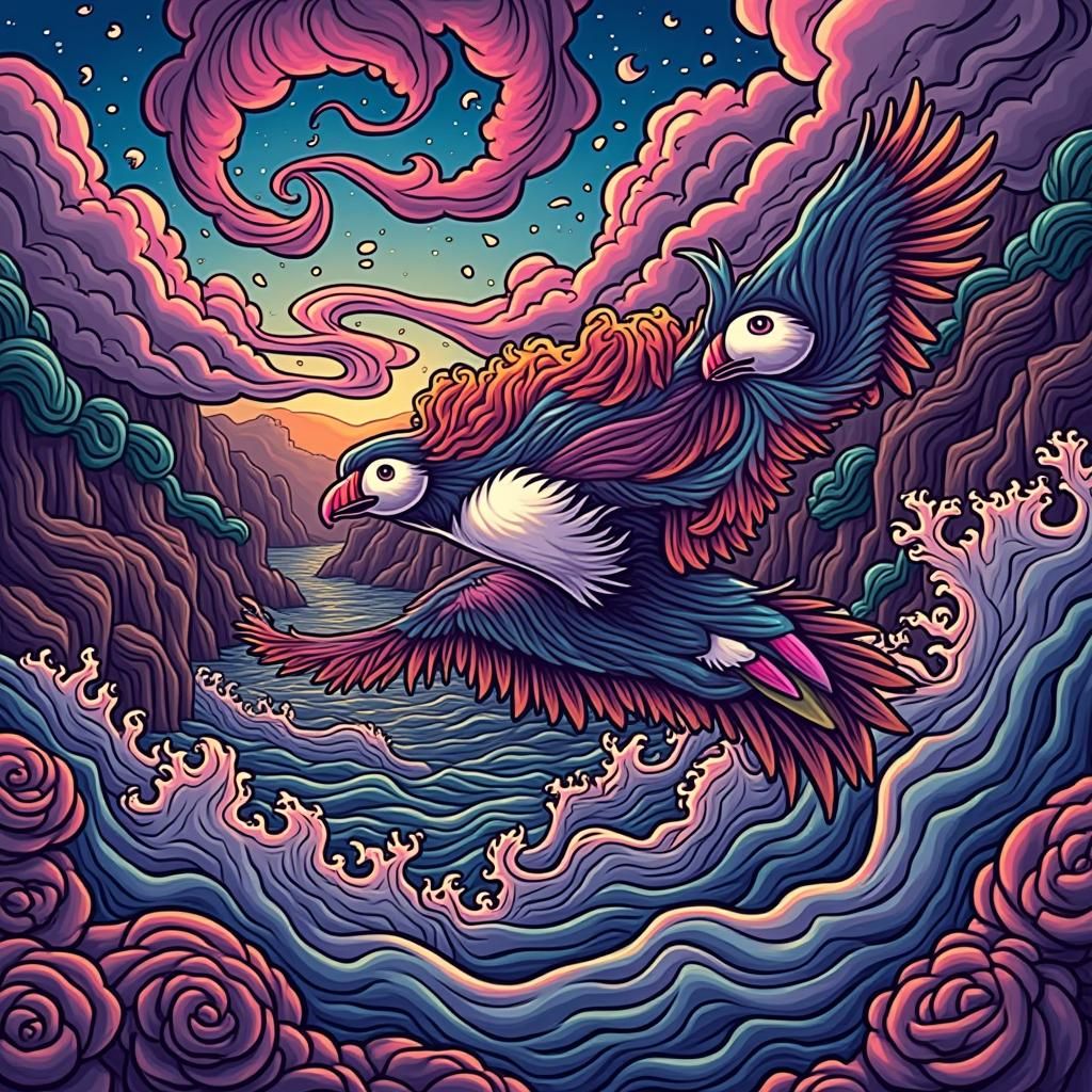 Psychedelic Puffin Soaring Over the Ocean