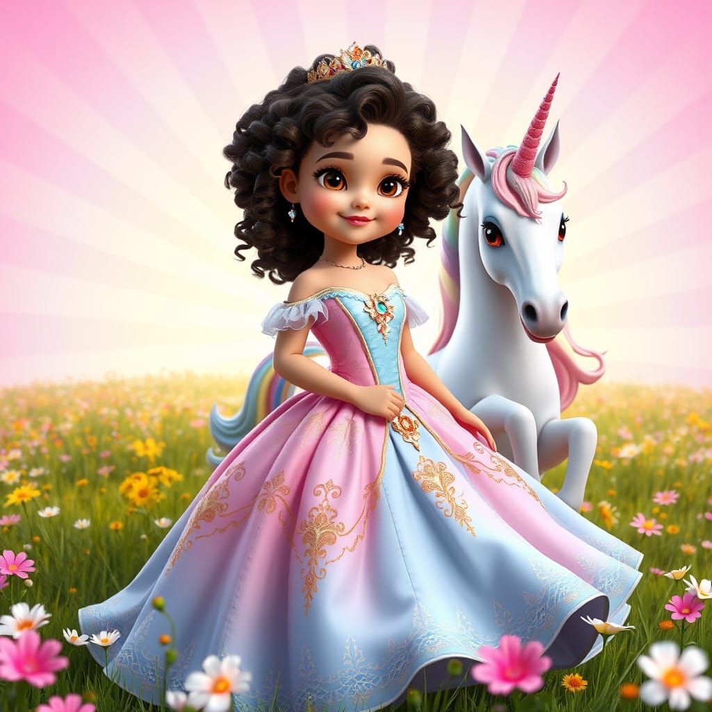 Regal Princess with Unicorn in Vibrant Meadow Landscape