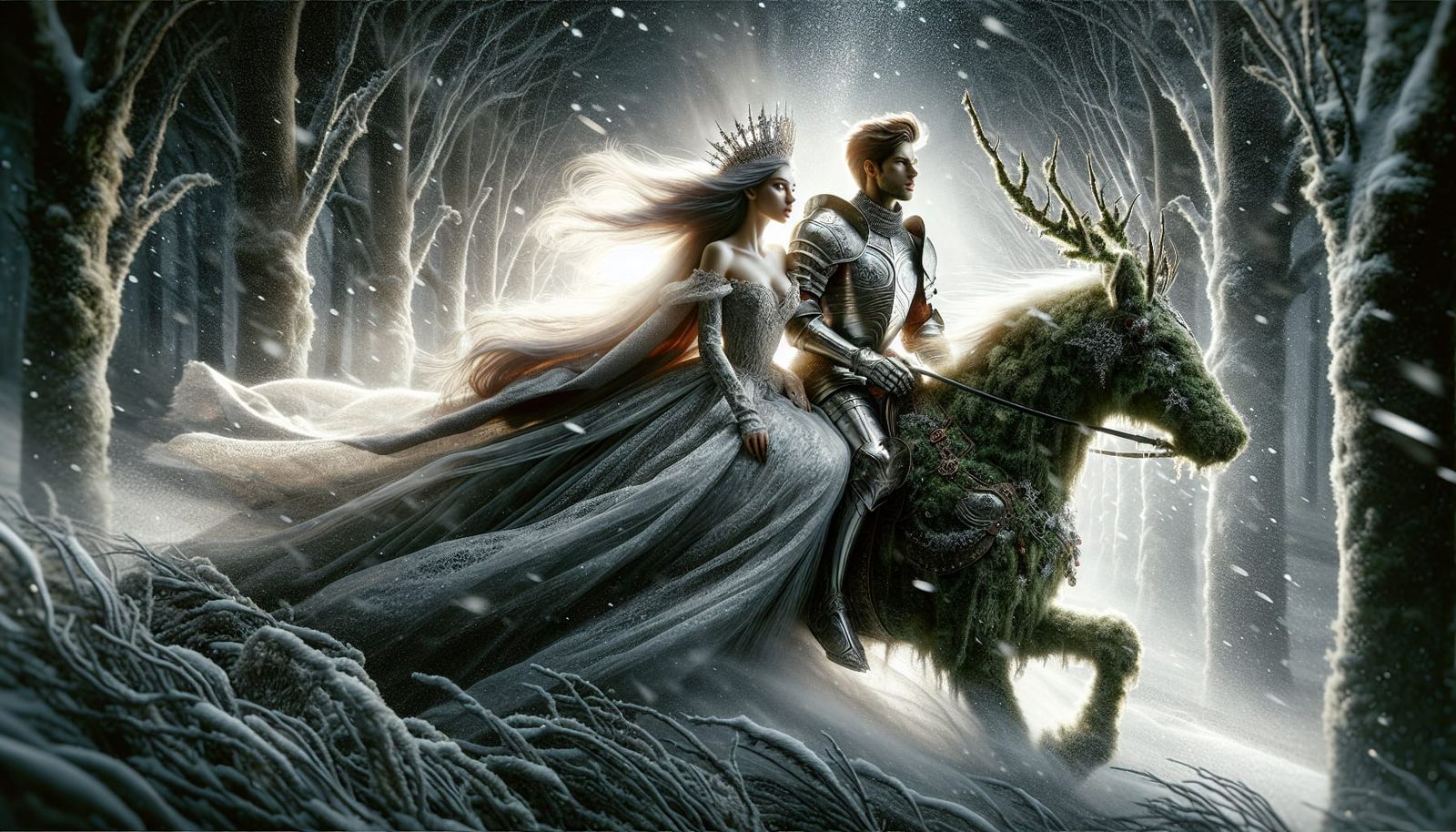 Elegant Princess and Knight Ride a Majestic Deer through Sno...