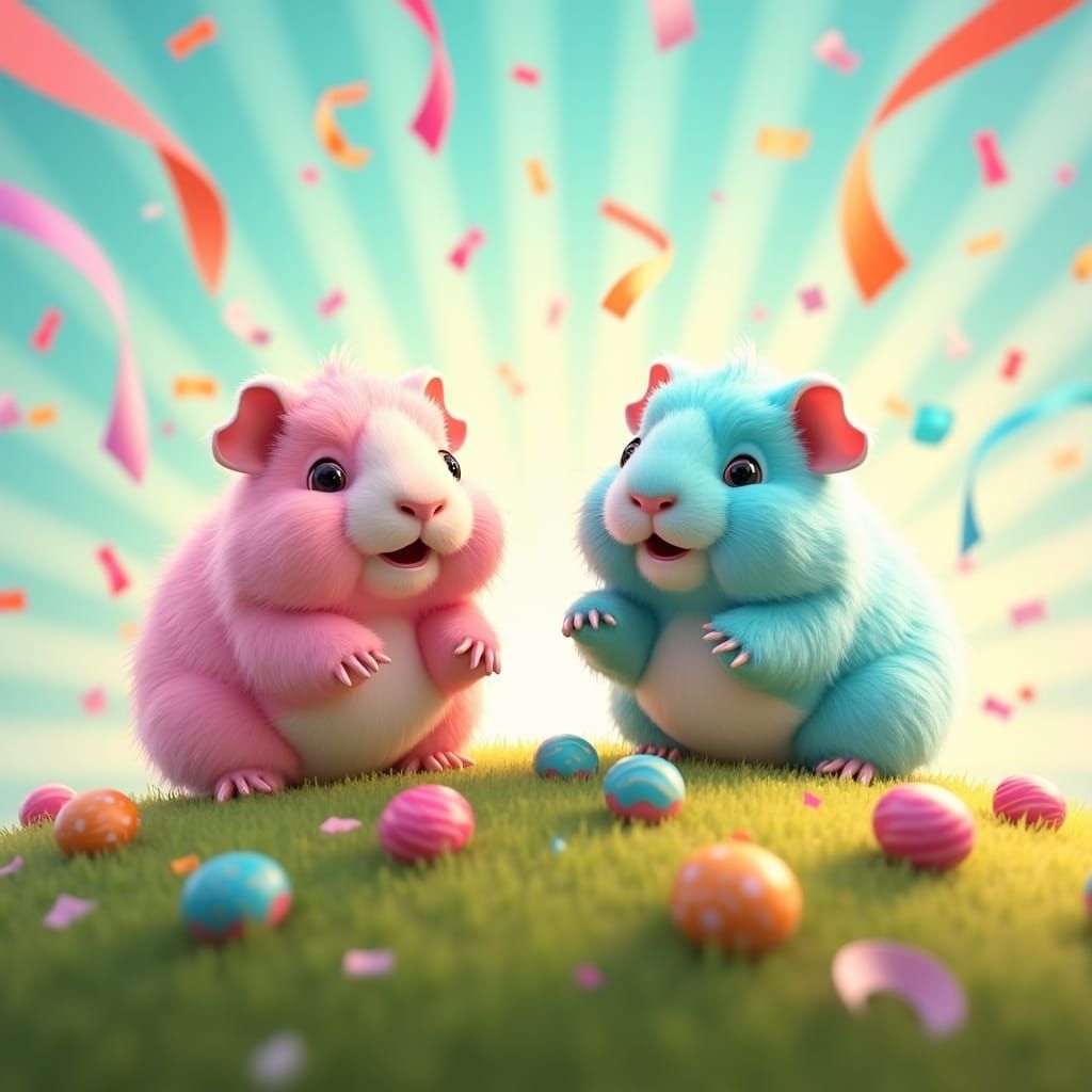 Pastel Guinea Pigs Party on a Hill, 3D Digital Art