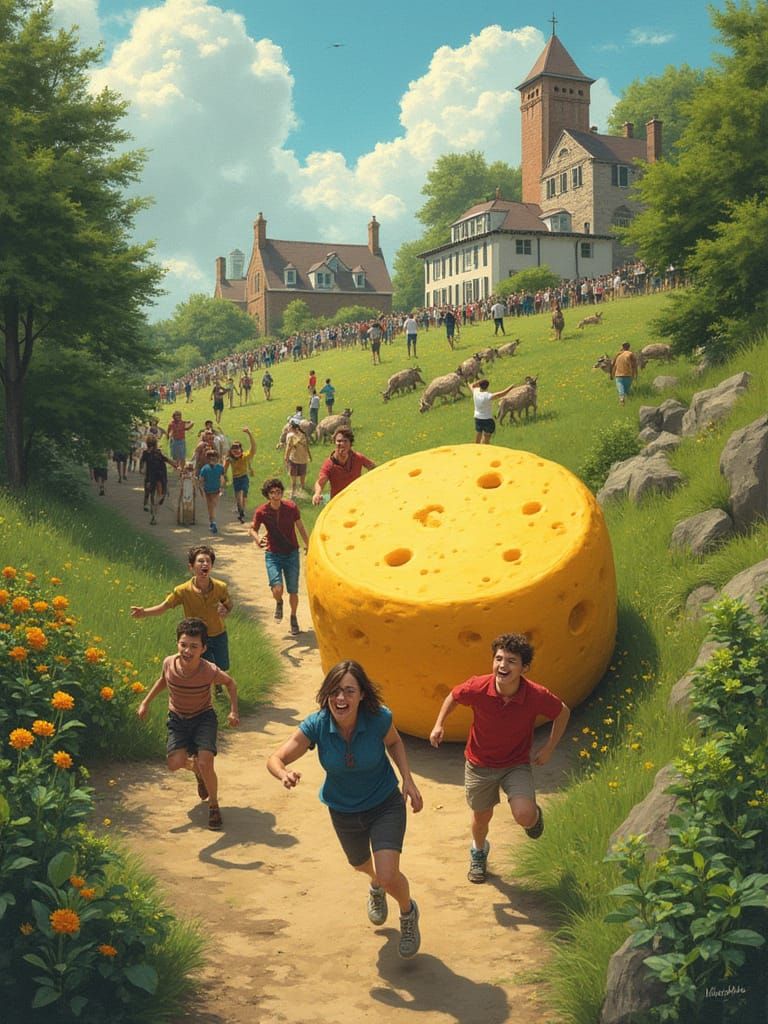 Cheese Rolling Down Cooper's Hill: Whimsical Illustration