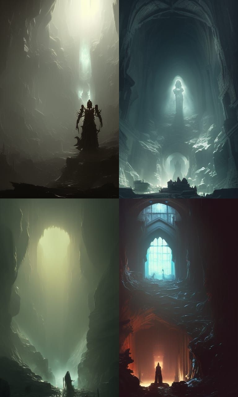 Chained God in Dark Cavern: Dark Fantasy Art