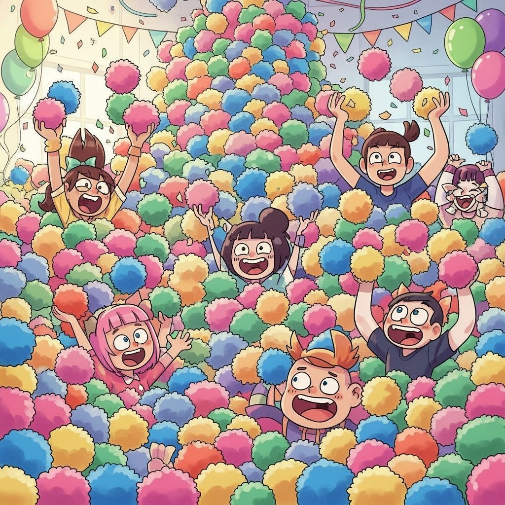 Whimsical Cartoon Party with Colorful Pom-Poms