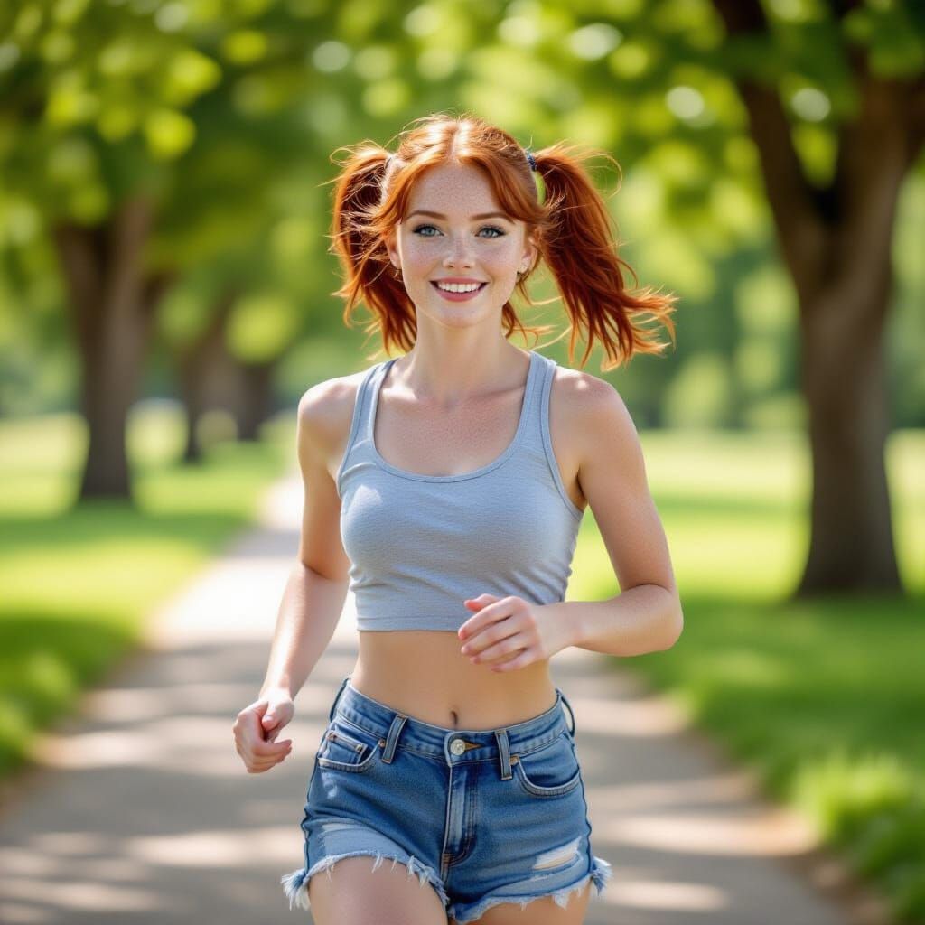 Redhead Woman Running in Park with DSLR Look