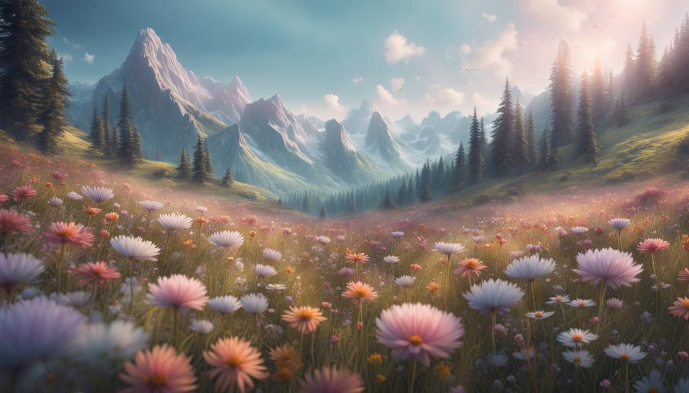 Pastel Flower Meadow in the Mountains
