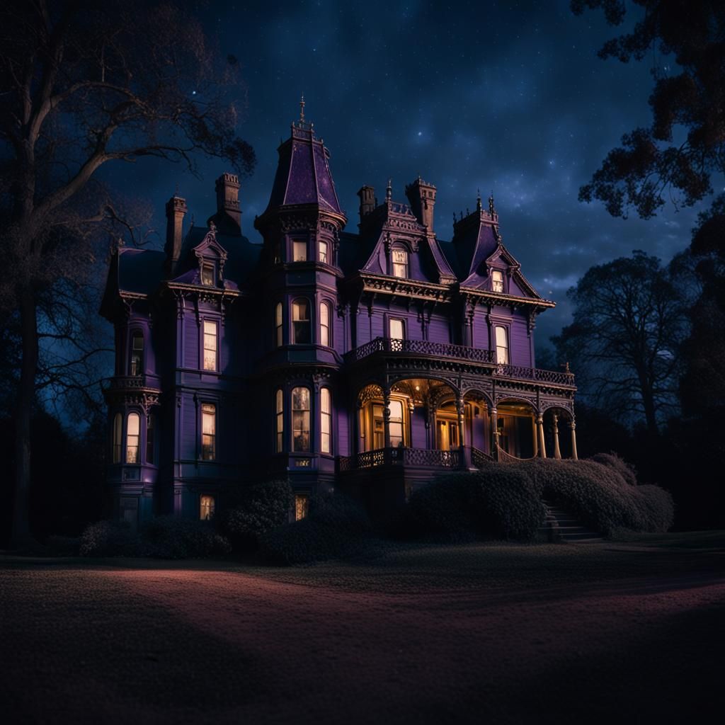 Victorian Mansion by Creepy Woods at Night