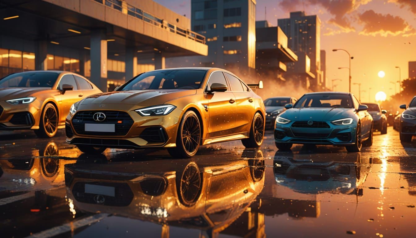 Dynamic Cars in a Sunset Parking Lot
