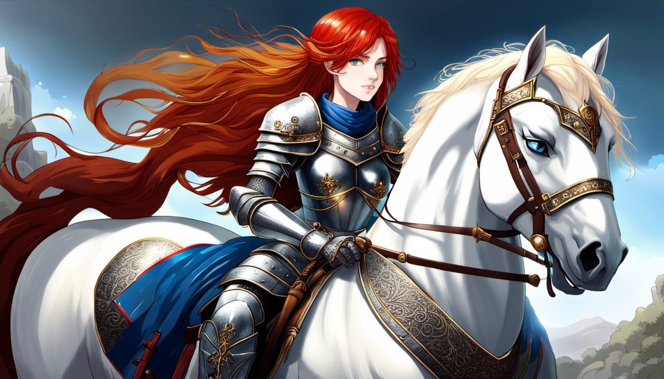 Anime Red-Haired Knight on White Horse