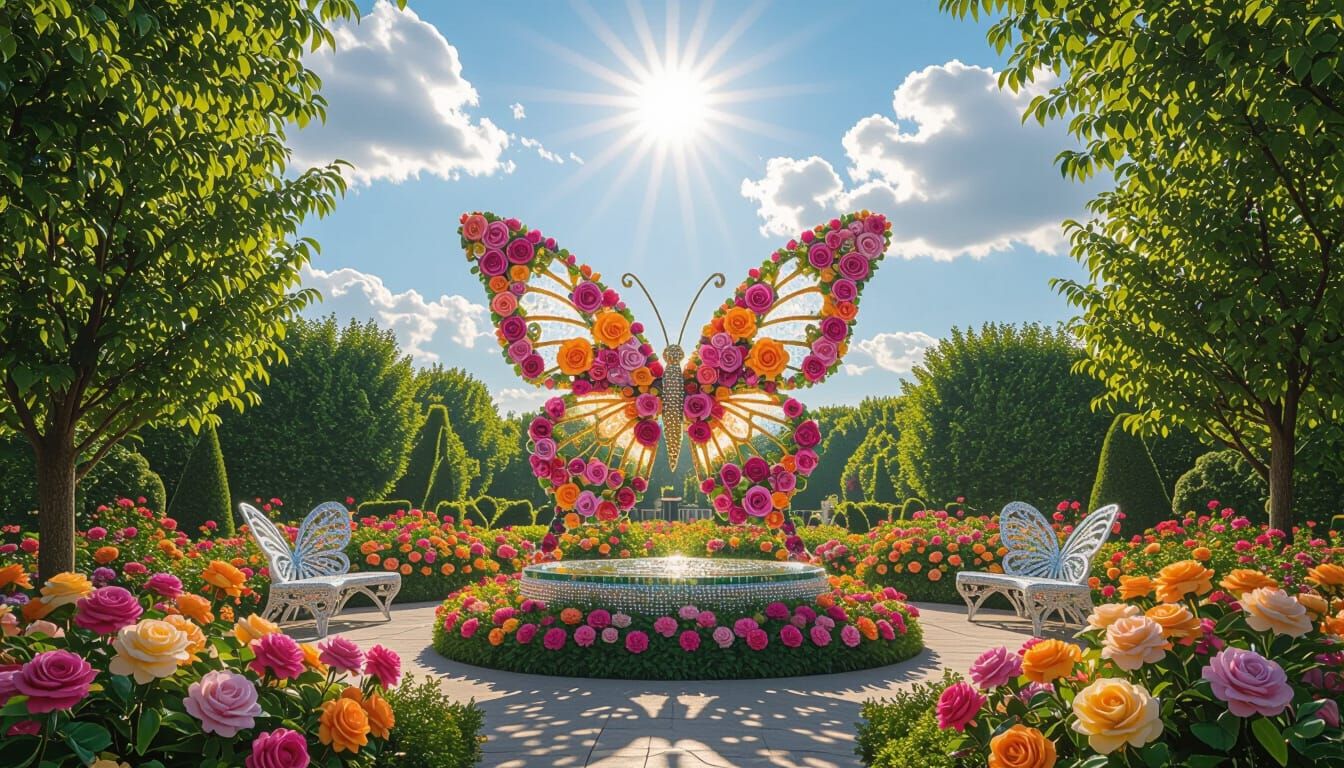 Floral Butterfly Sculpture in Vibrant Garden Scene