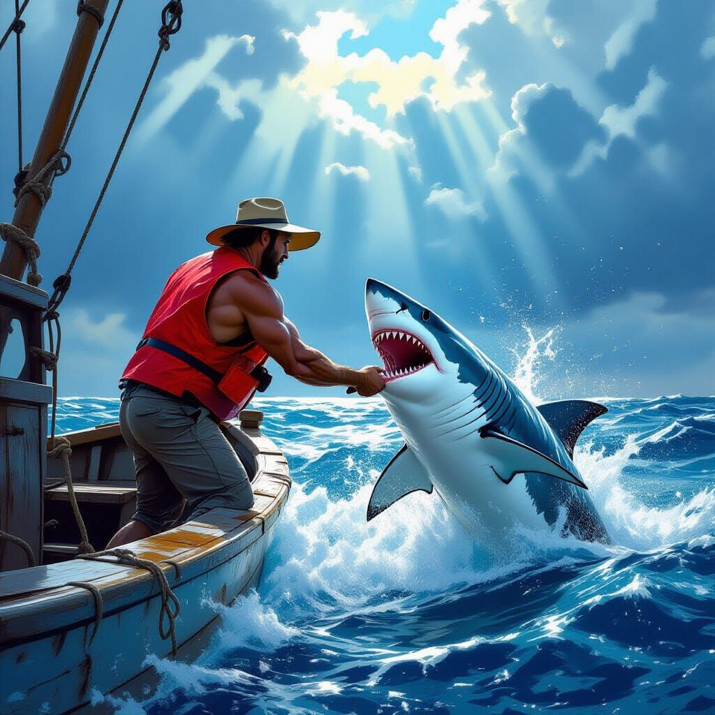 Muscular Fisherman Battles Giant Shark on Choppy Ocean