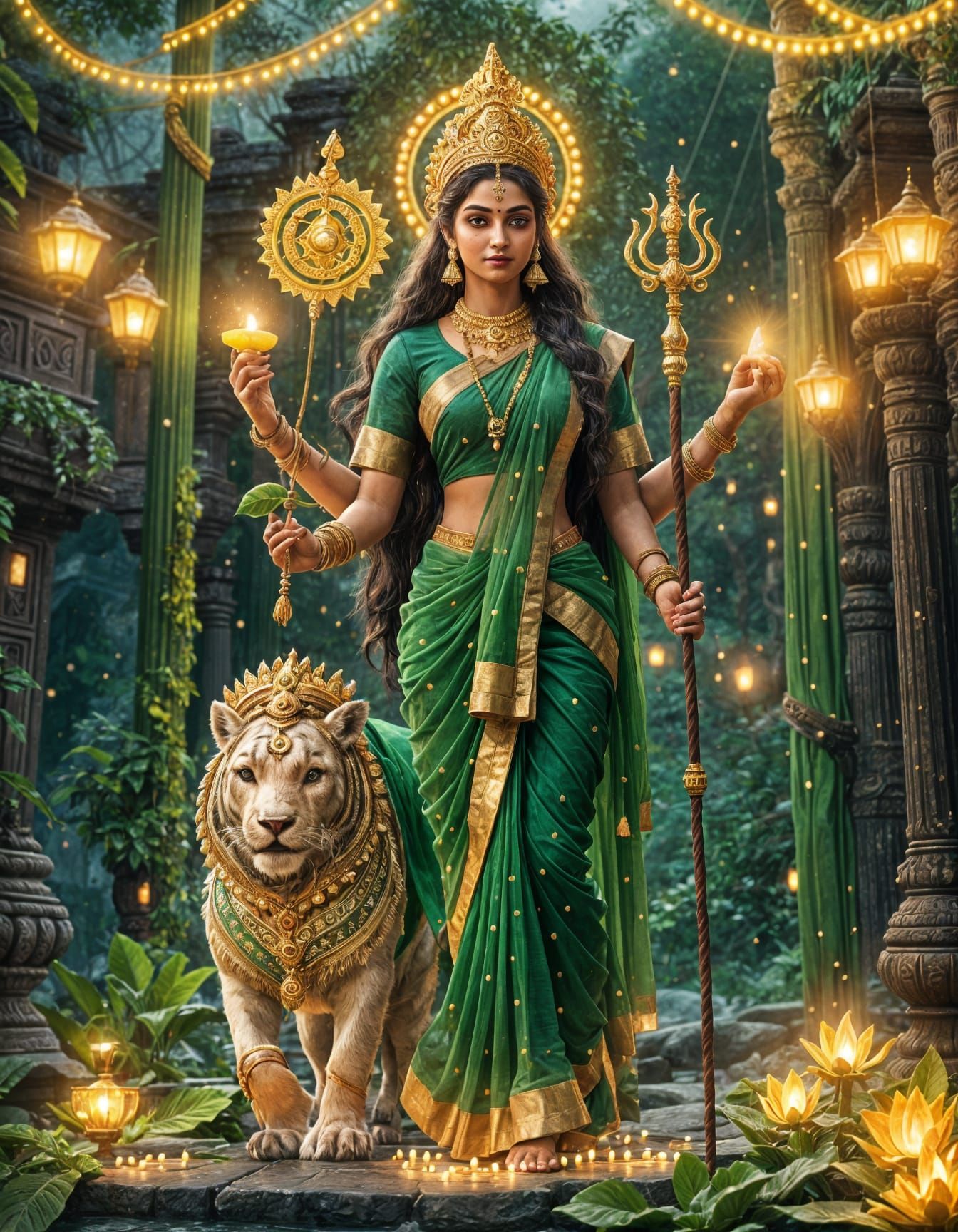 Goddess Lakshmi in Green Sari with Illuminated Lights