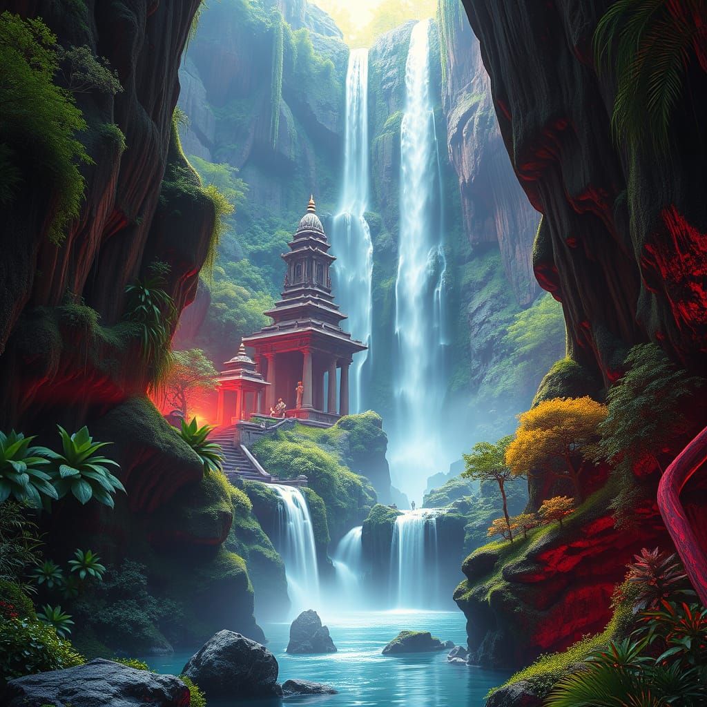 Majestic Waterfall Cascading into Ancient Temple