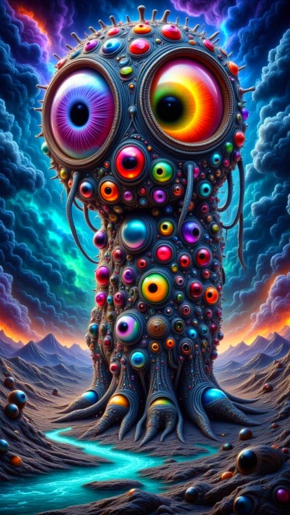 Cosmic Surrealism: Eye Creature in a Toilet Landscape