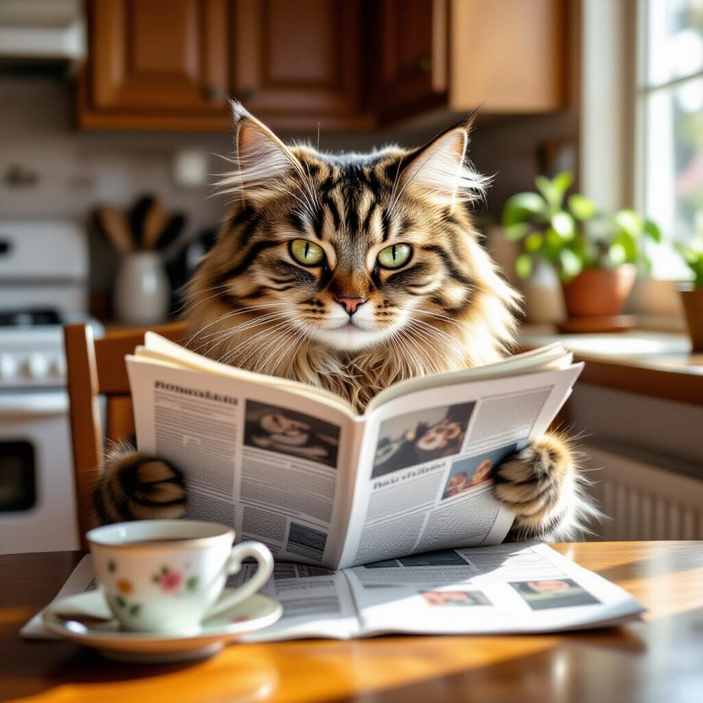 Fluffy Tabby Cat Reading Newspaper in Sunny Kitchen