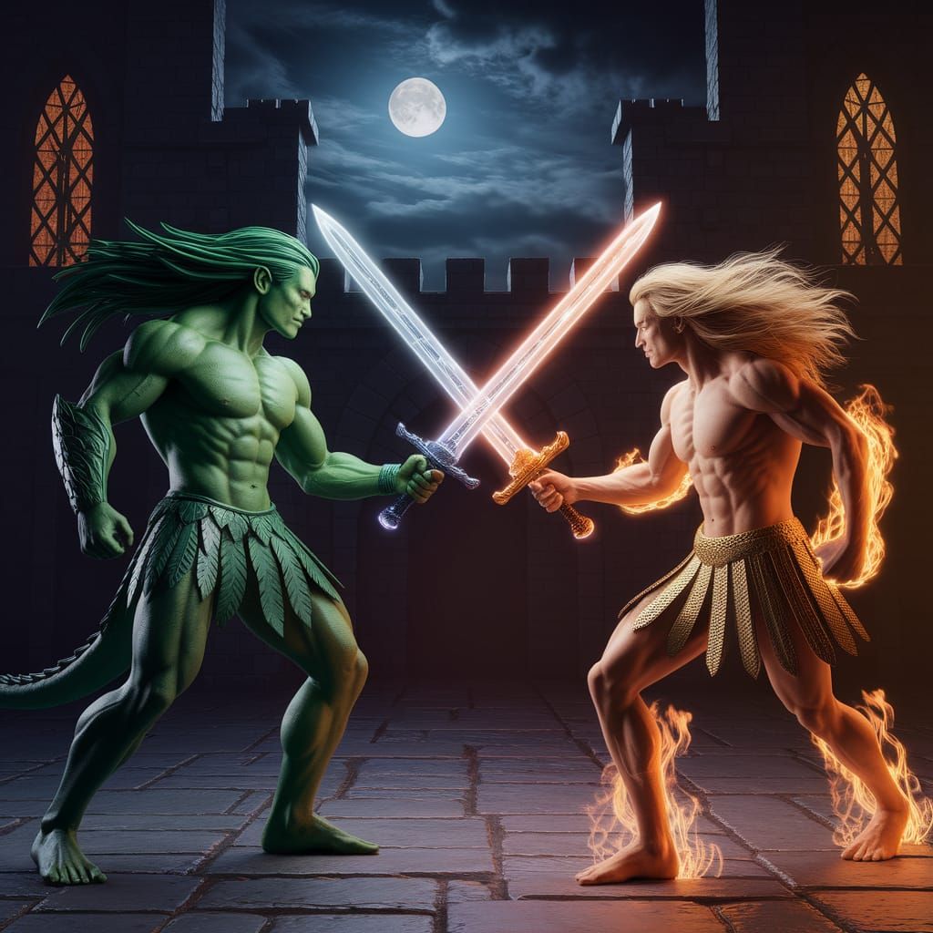 Muscled Green Warrior in Ancient Castle Confrontation