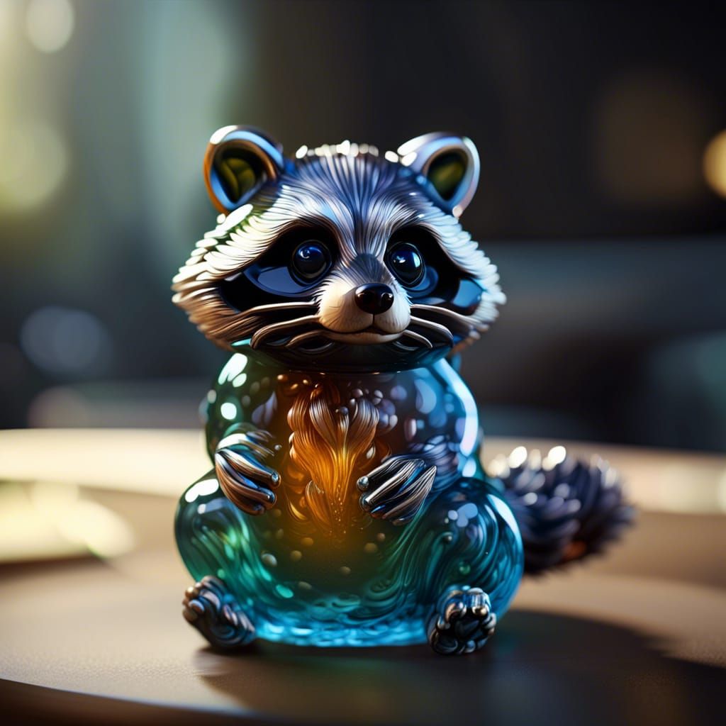Intricate Glass Raccoon Figurine in 3D Game Style