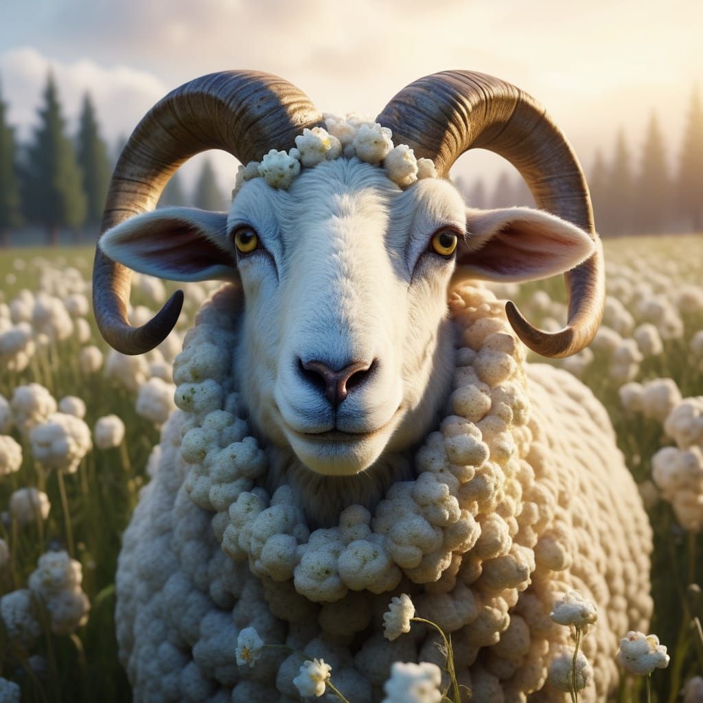 Popcorn Sheep Portrait in a Hyperdetailed Digital Art Style