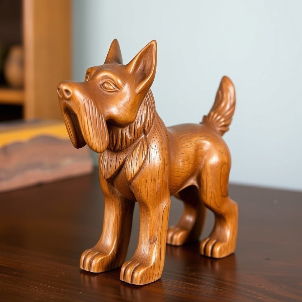 Intricately Carved Wooden Dog Statue in Folk Art Style