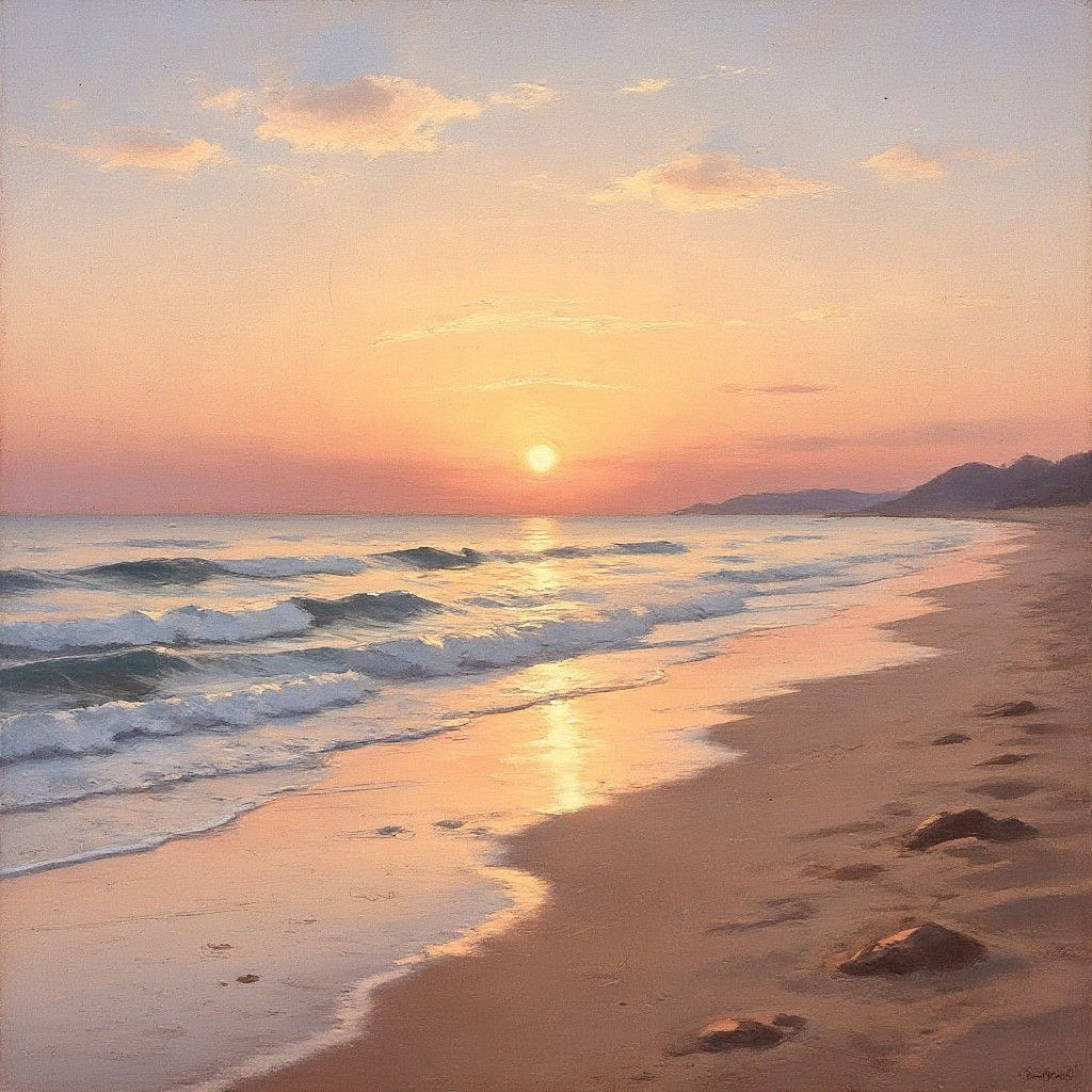 Golden Hour Beach Scene with Soft Pink Hues