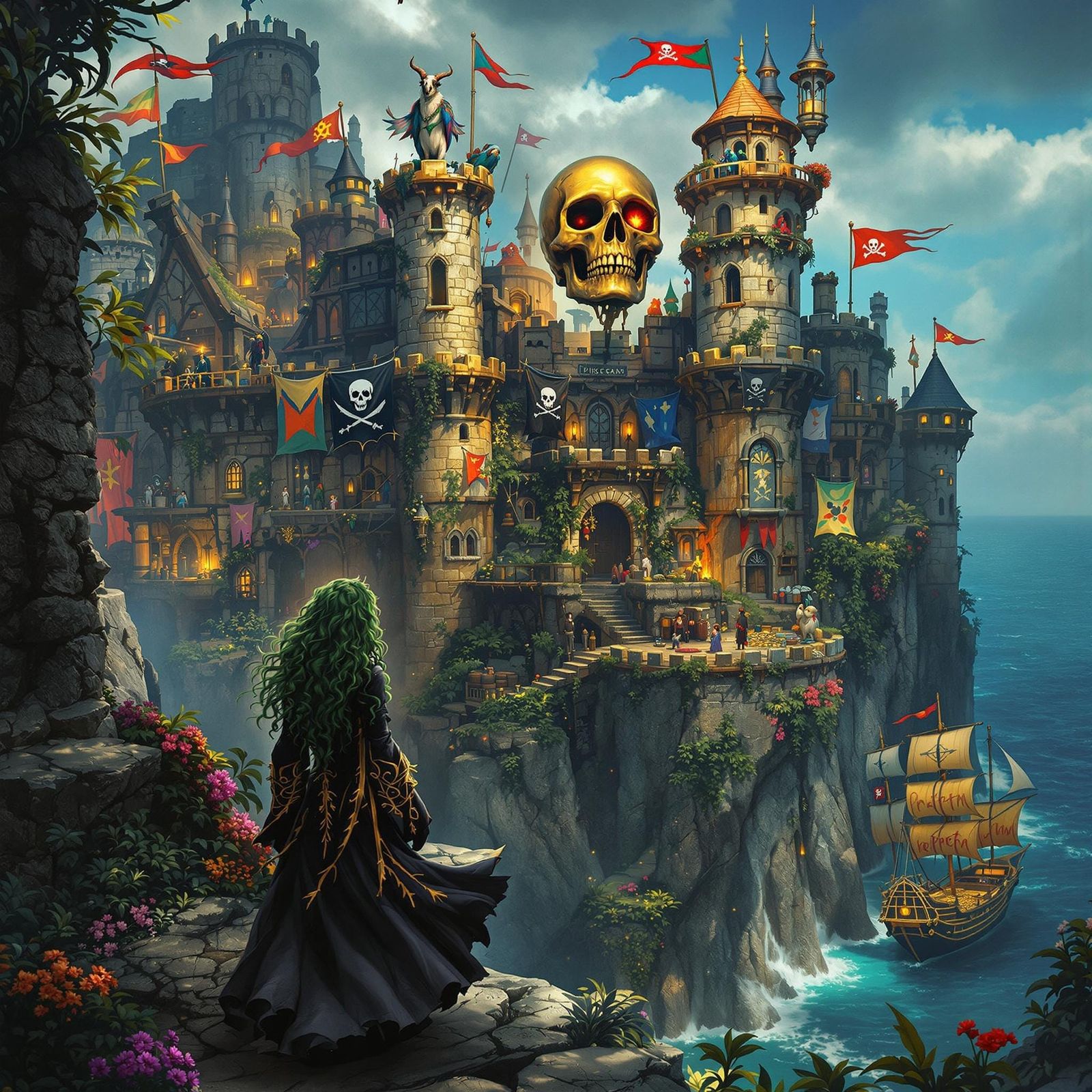 Mystical Witch Gazes Upon Pirate Castle
