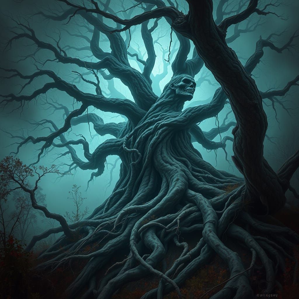 Mysterious Ancient Tree in Haunting Digital Art Style