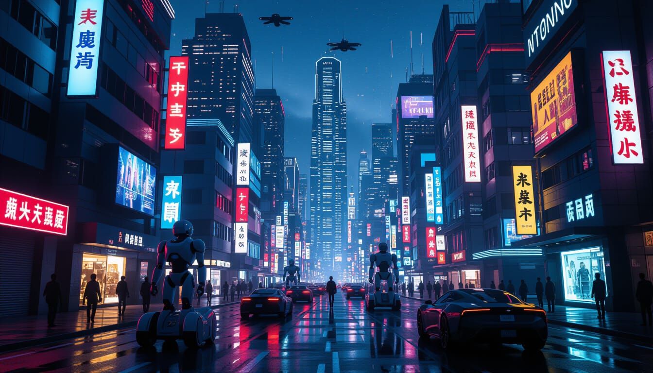 Futuristic City Nightscape with Robots and Neon Lights