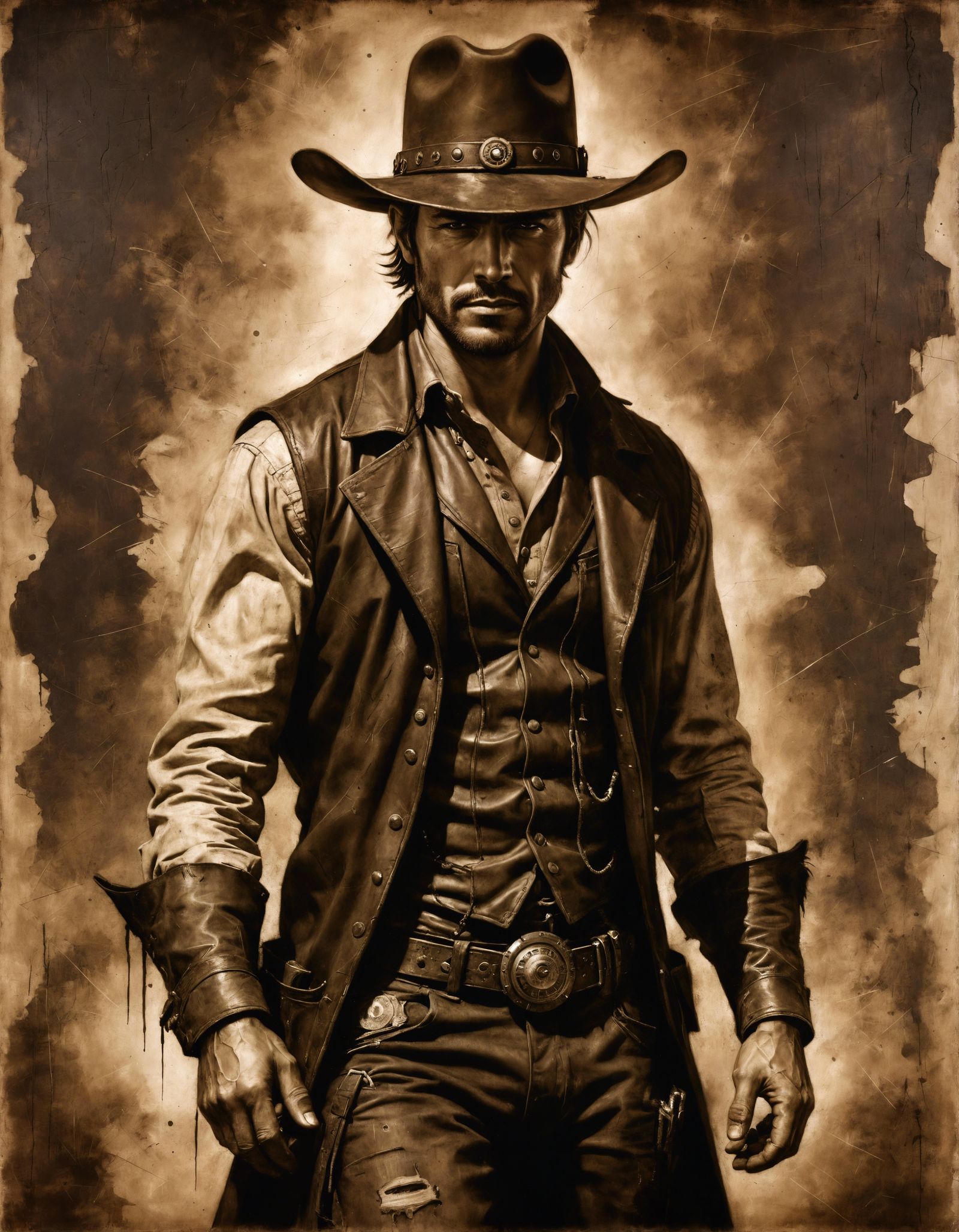 Steampunk Cowboy Portrait in Dark Sepia Mixed Media