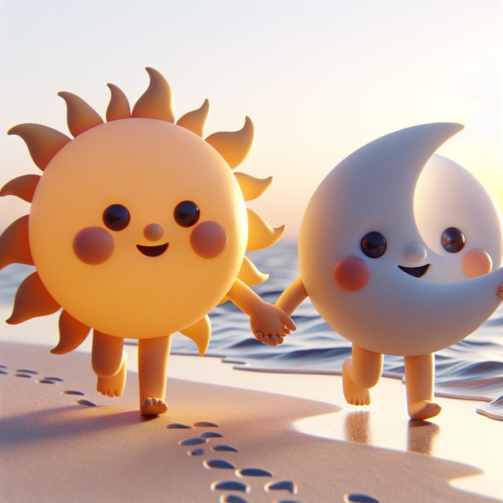 Disney Pixar style 3D adorable anthropomorphic sun and moon,...