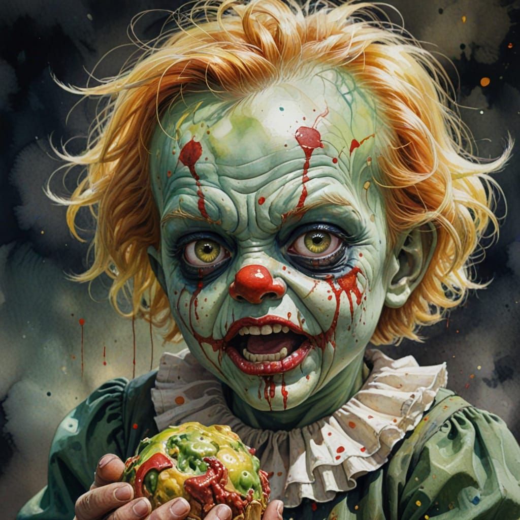 Surreal Watercolor Portrait of a Toddler Monster Eating a Hu...