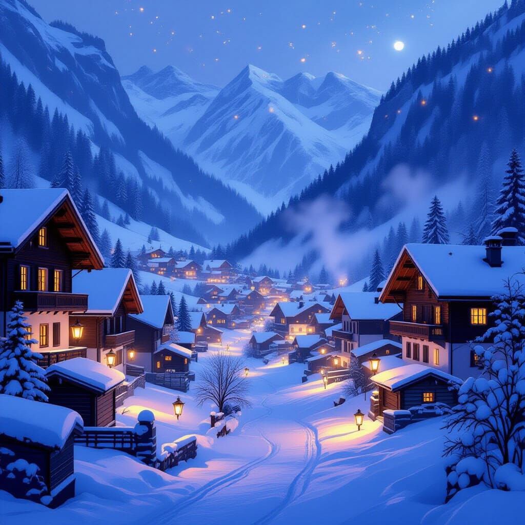 Lantern Lit Swiss Village in Snowy Valley