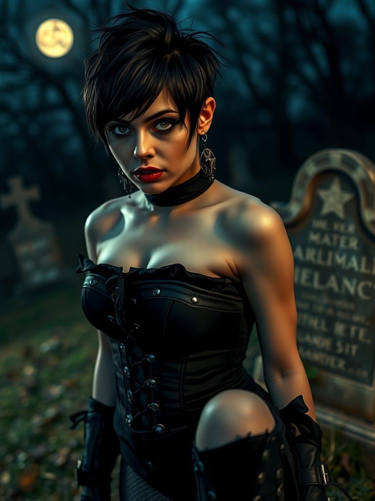 Gothic Goddess in Moonlit Graveyard