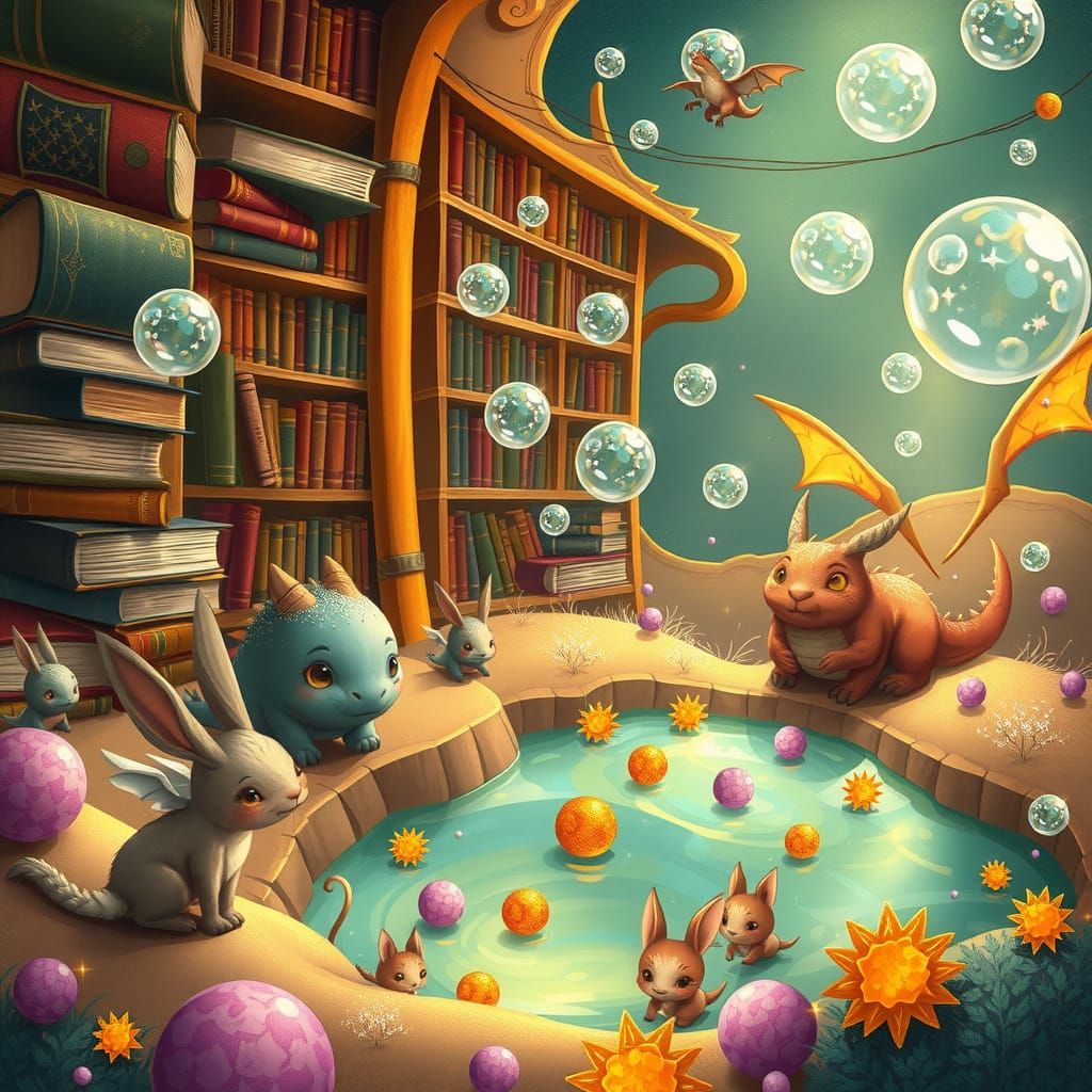 Dreamy Whimsical World of Bookshelves and Dragon Friends