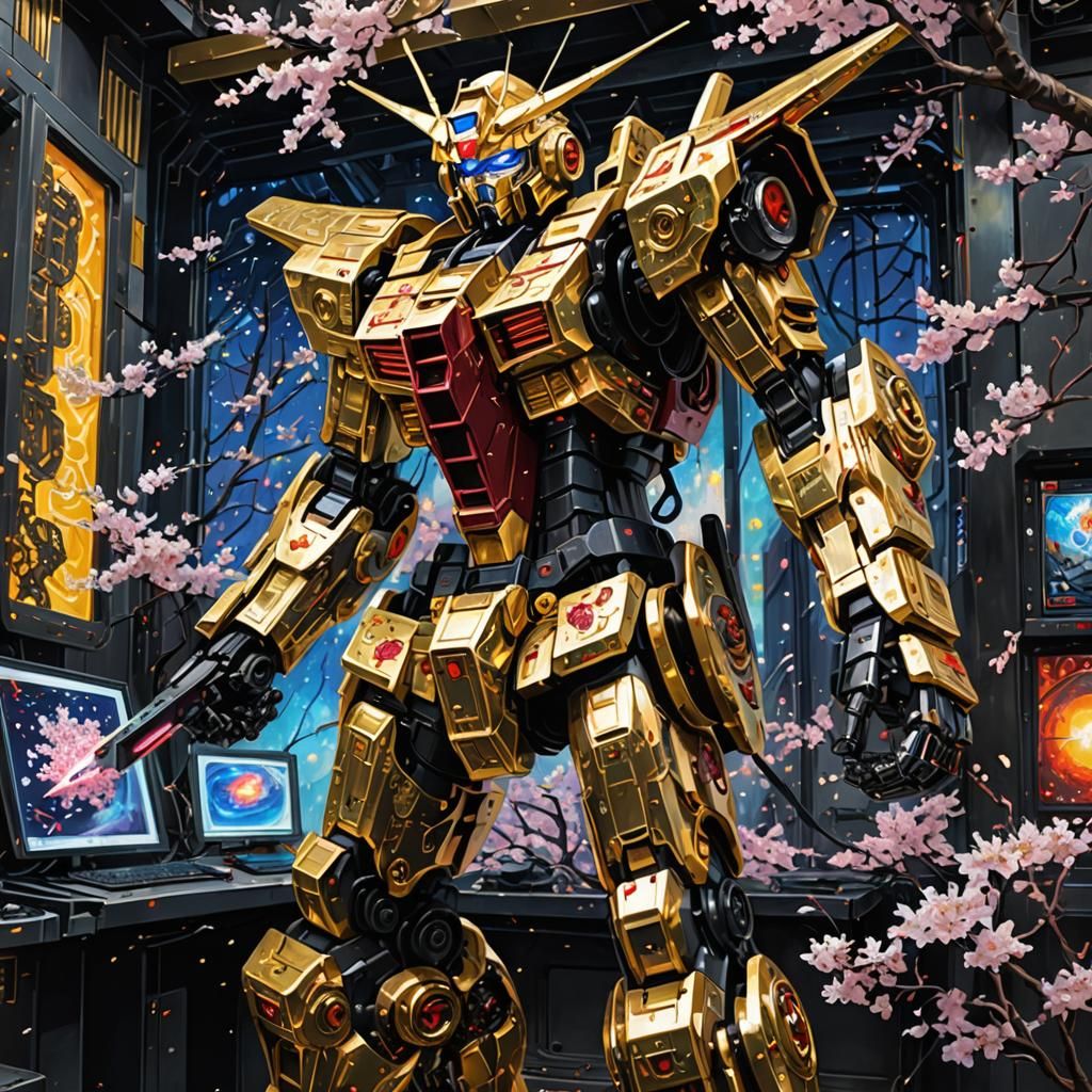Gundam Robot Slices Server in Klimt-Inspired Sci-Fi