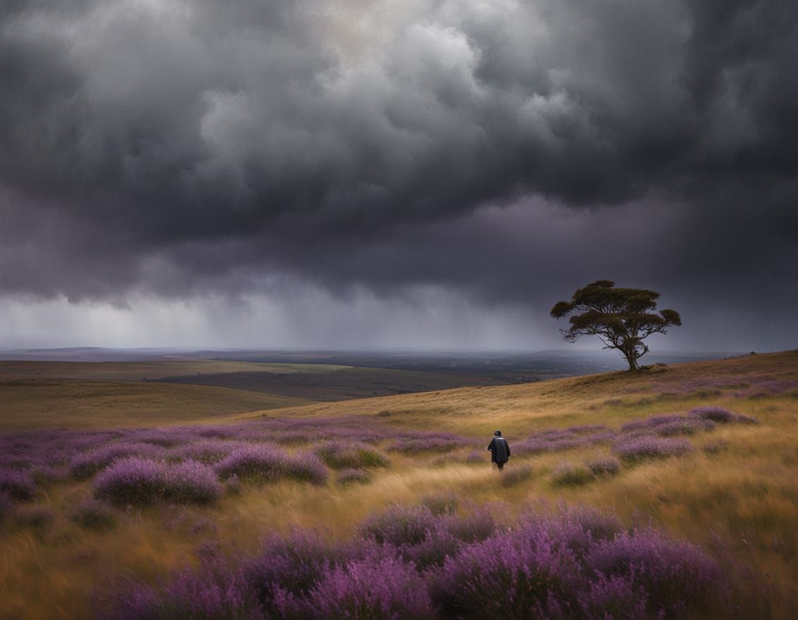 Impressionist Landscape: Figure Gazing at Stormy Sky