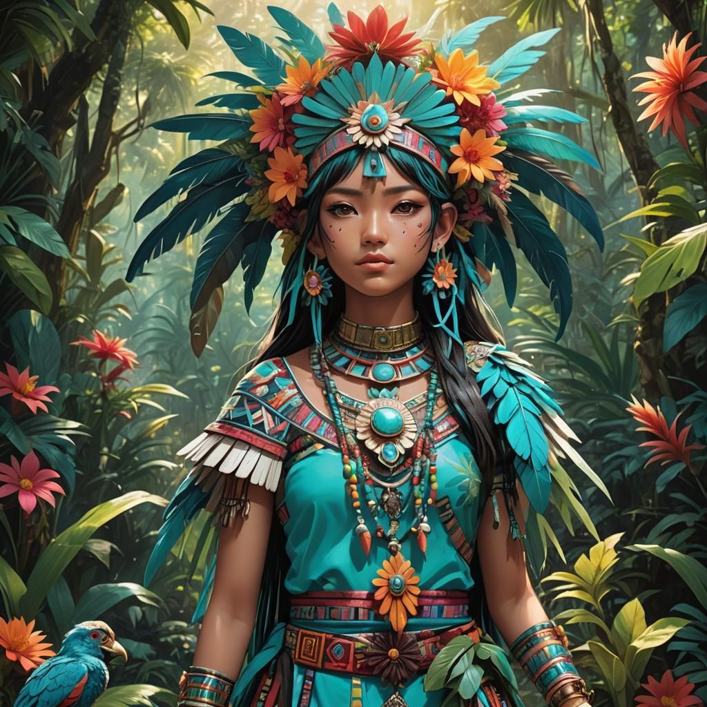 Aztec Girl in Jungle, Vibrant Anime Style