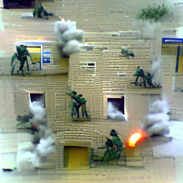 Soldiers in Urban Combat Firing at Building