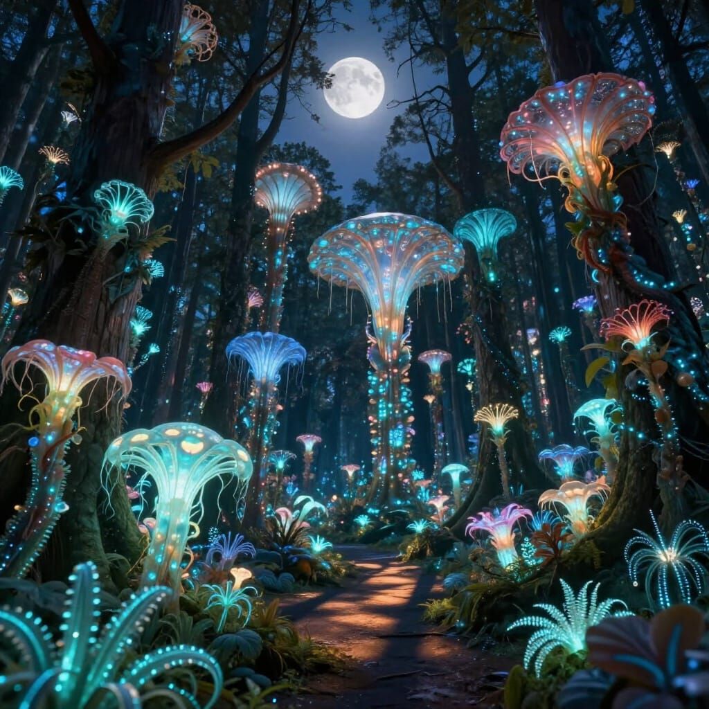 Bioluminescent Forest Under Full Moon Sky