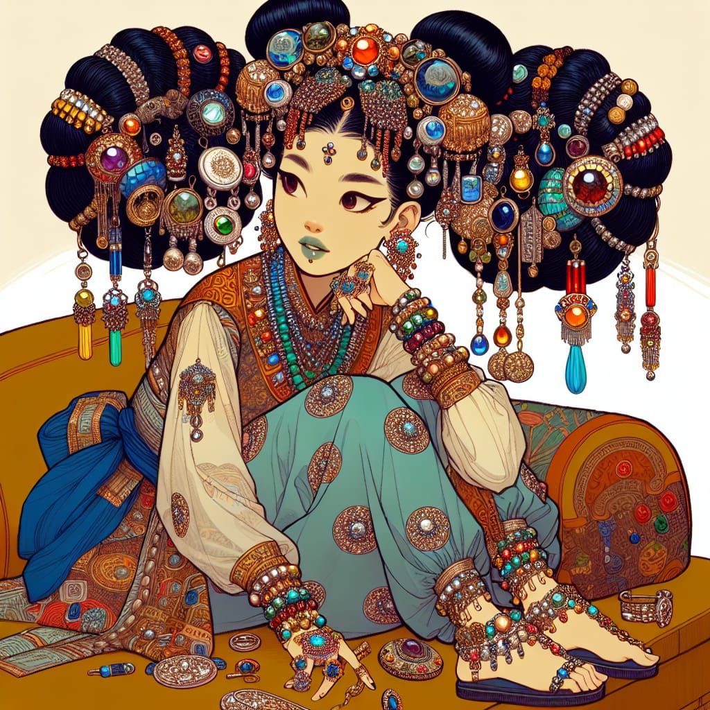 Asian Empress in Lavish Jewelry and Whimsical Style