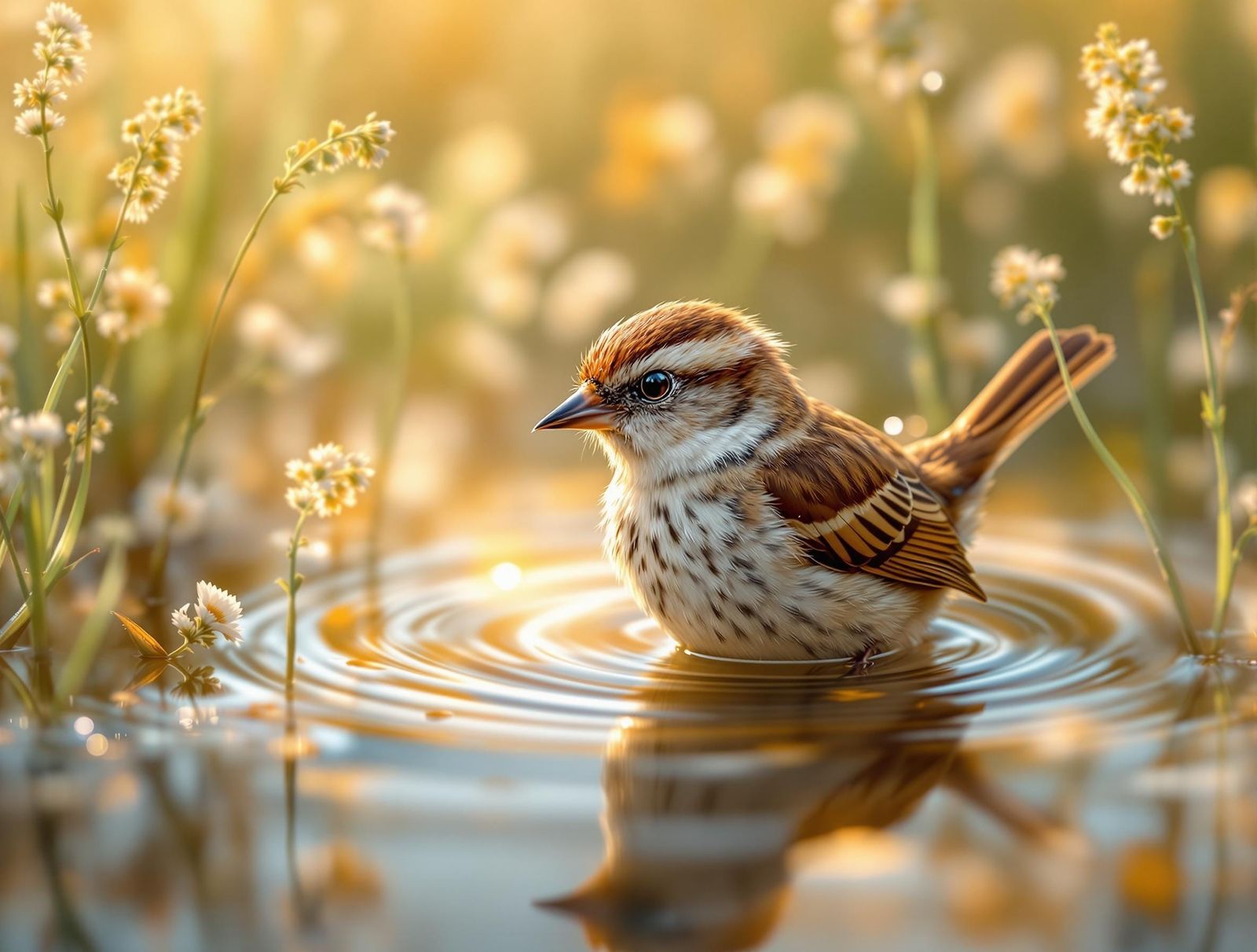 Sparrow Bathing in Golden Sunlight, Hyperrealistic Digital P...