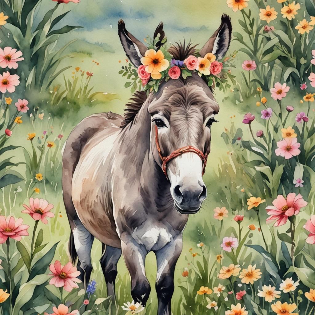 Watercolor Donkey in Flower Field with Crown