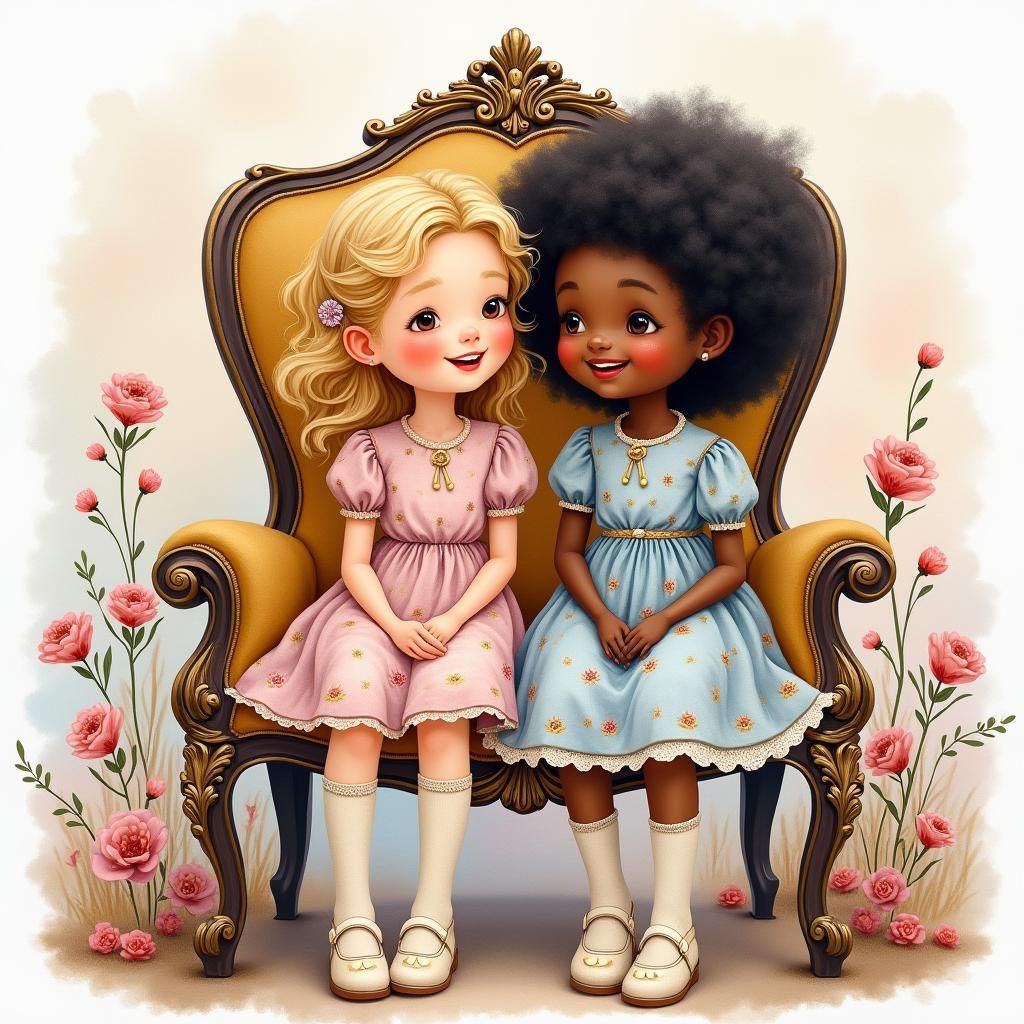 Two Girls in Watercolor Folk Art Expressionism