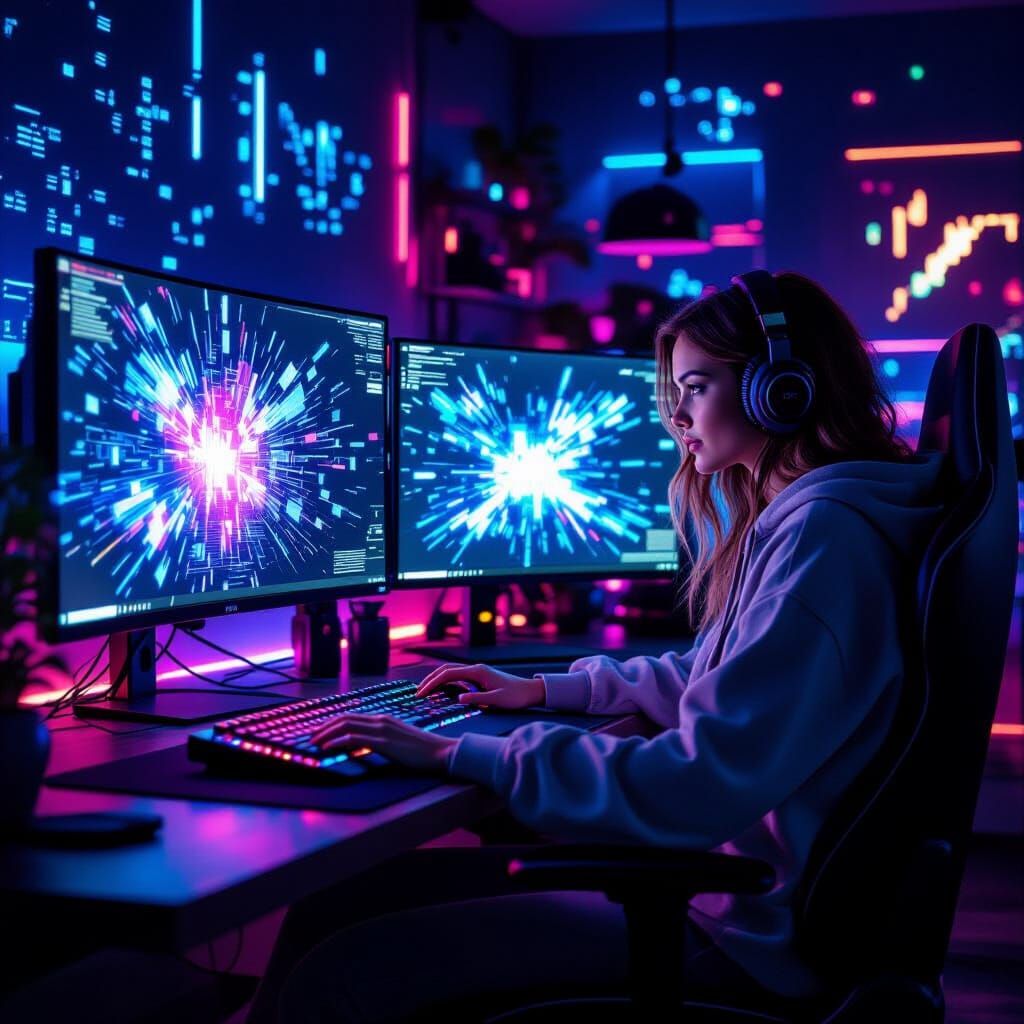 Woman in Gaming Setup with Glitching Monitor, Digital Chaos