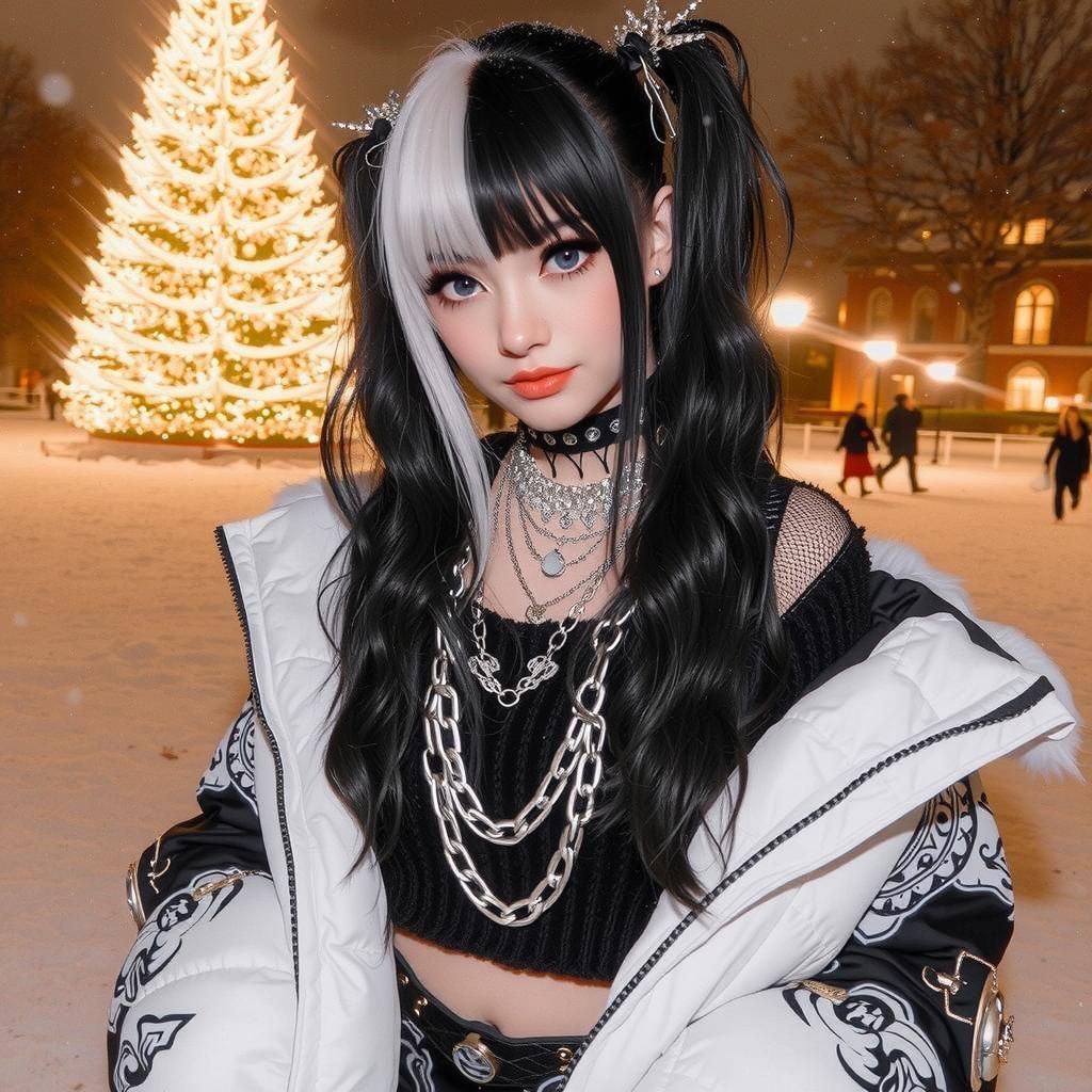 Egirl in Snowy Park with Christmas Tree