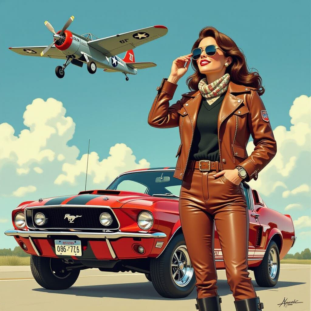 1970s Pilot Poses With Classic Mustang In Comic Art Style
