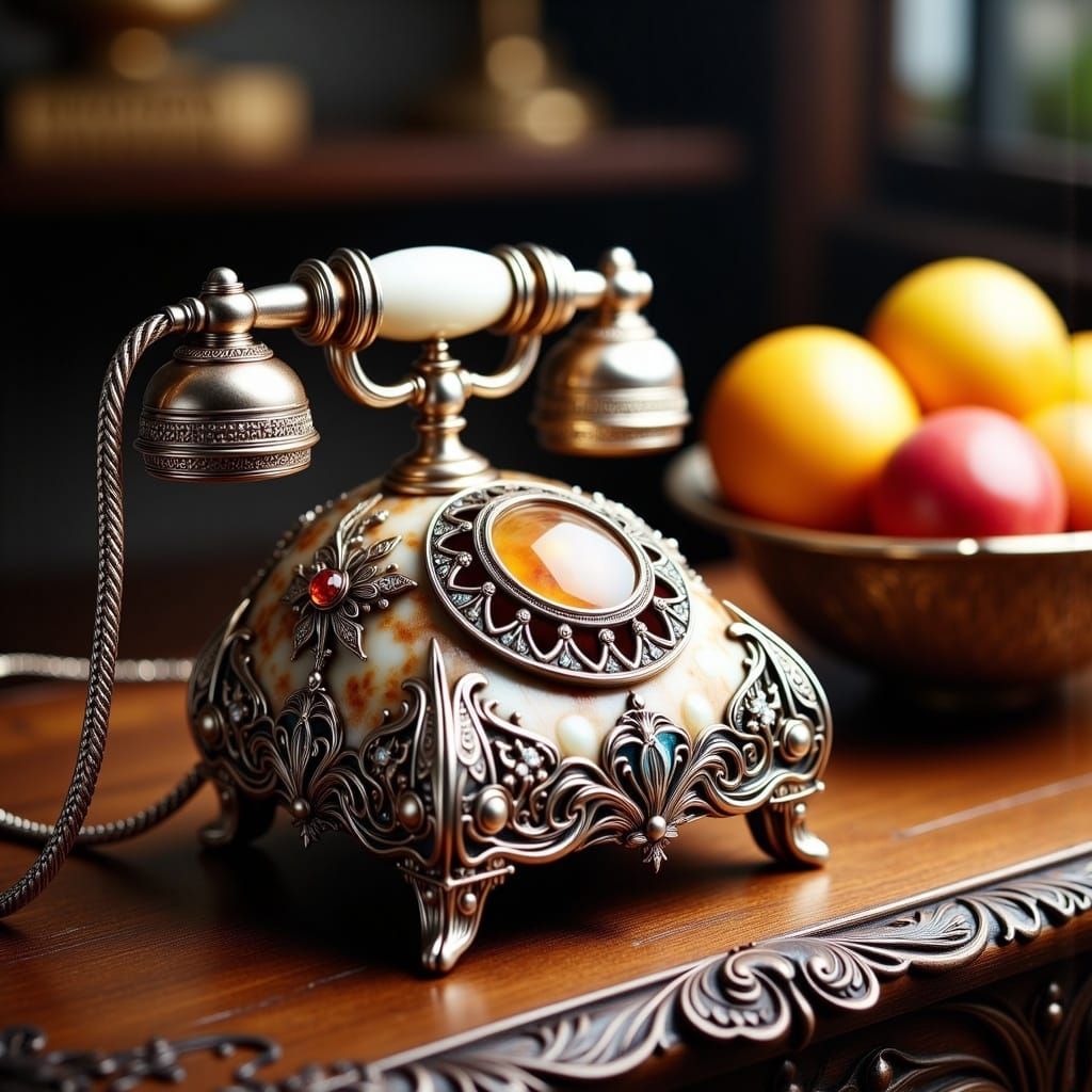 Stone Phone with Shell Receiver and Jewel Filigree