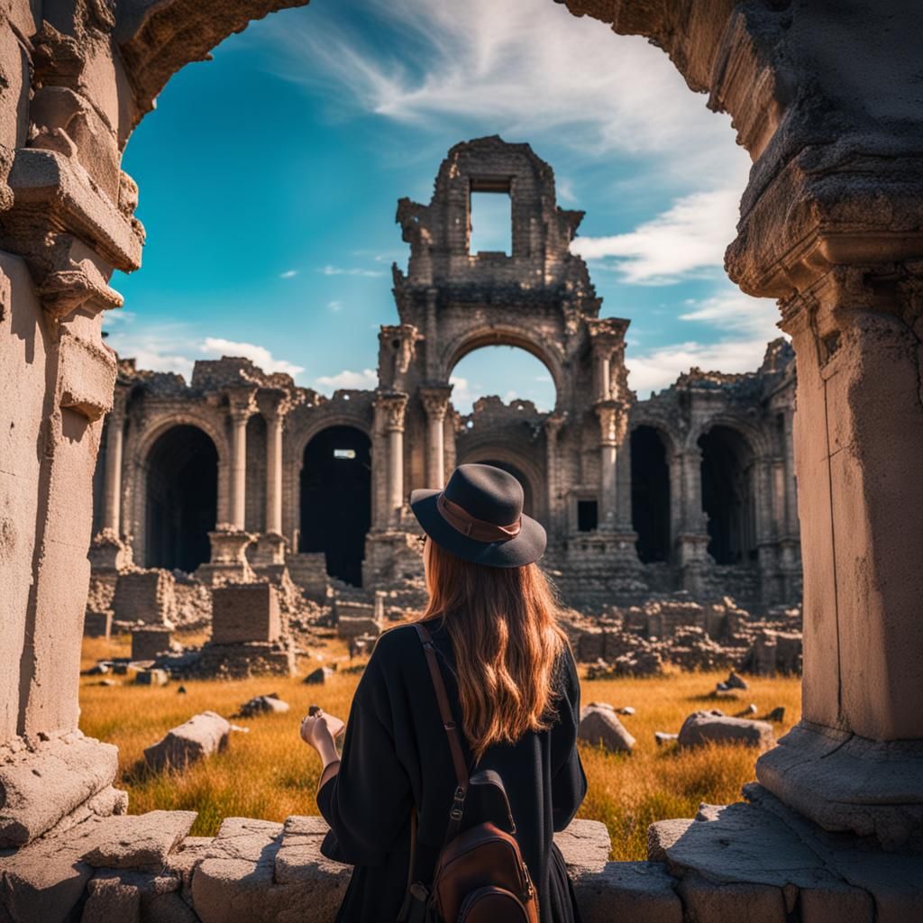 Girl Gazing at Ruins with Strange Animals
