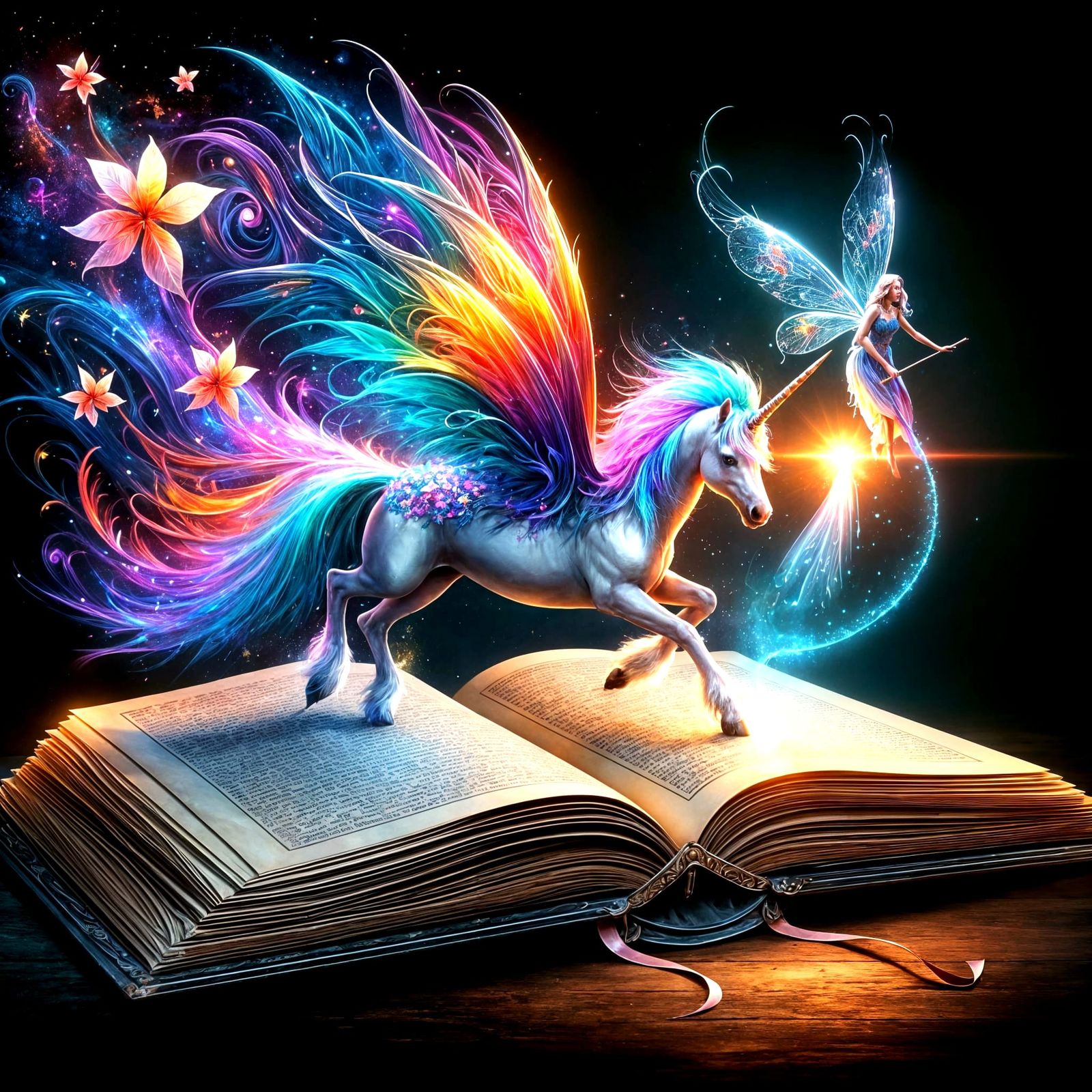 Fantasy Unicorn and Fairy Emerging from Open Book